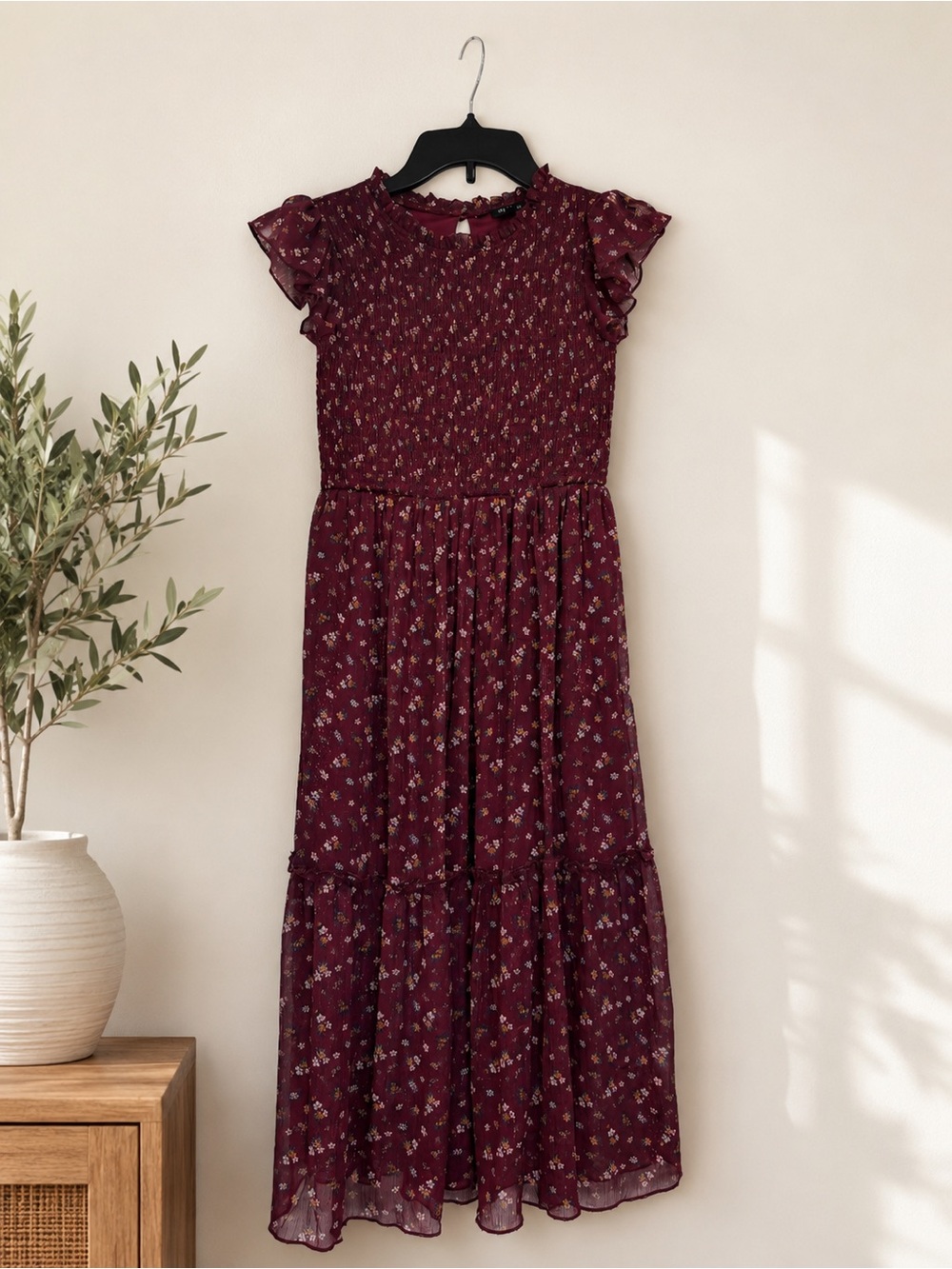 Zunie Burgundy Floral Smocked Midi Dress Girls Size 8 - Picture 3 of 5